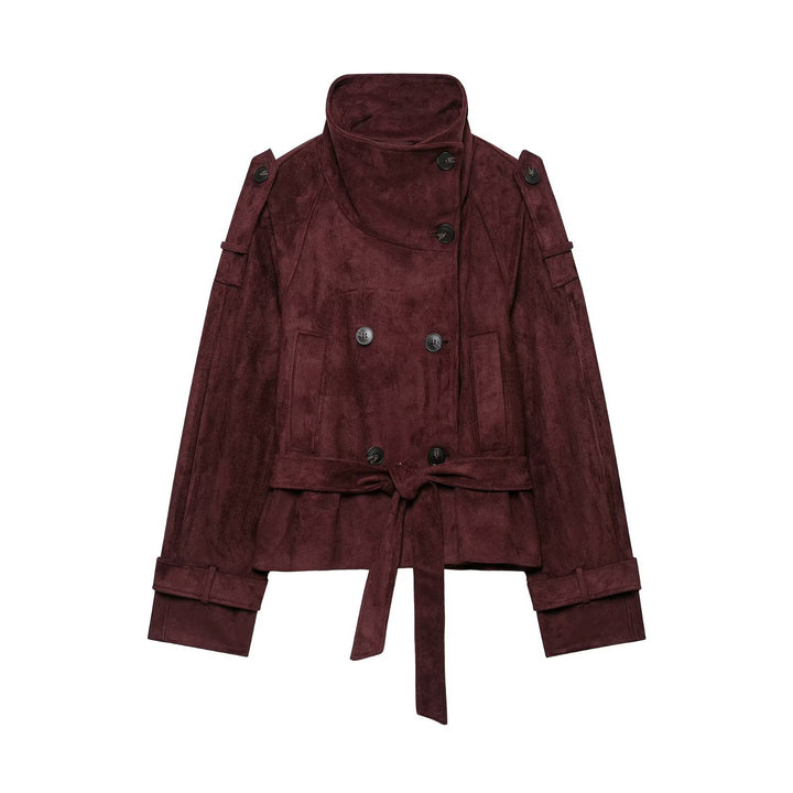 Women's short trench coat in suede look with high stand-up collar and tie belt Mune Fashion