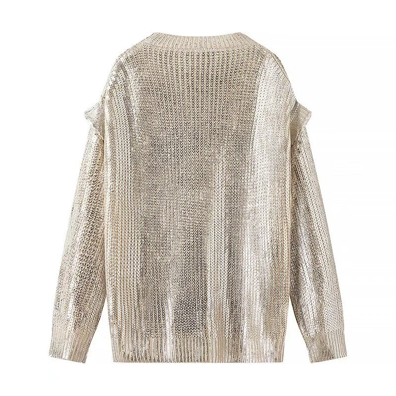Women Shiny Oversize Knit Sweater with Shoulder Cutouts Mune Fashion