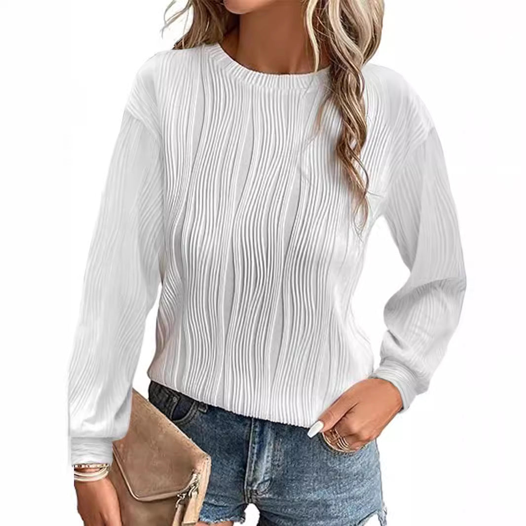 Women Pleated Fine Knit Long Sleeve with Round Neck Mune Fashion