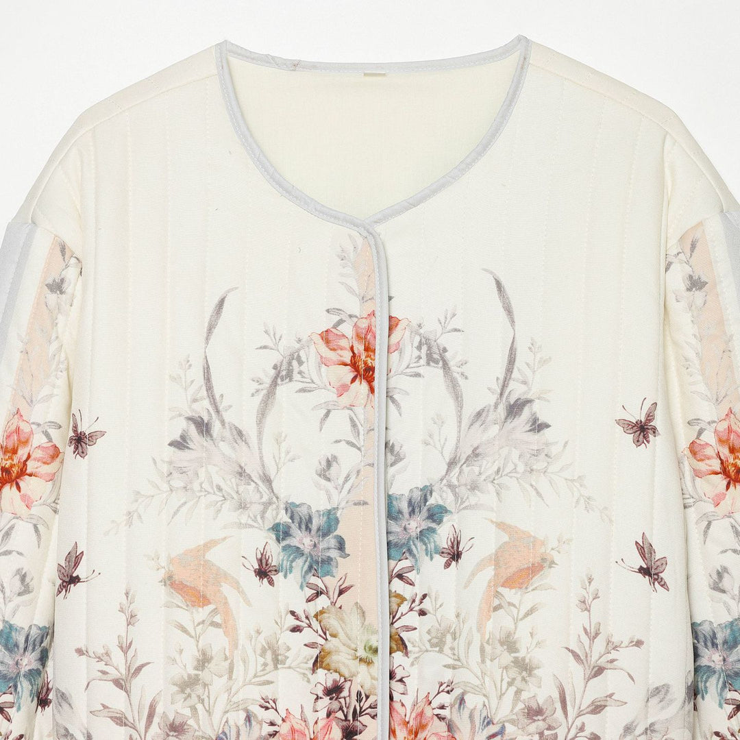 Women's Quilted Cropped Transitional Jacket with Floral Allover Print and Round Neckline Mune Fashion