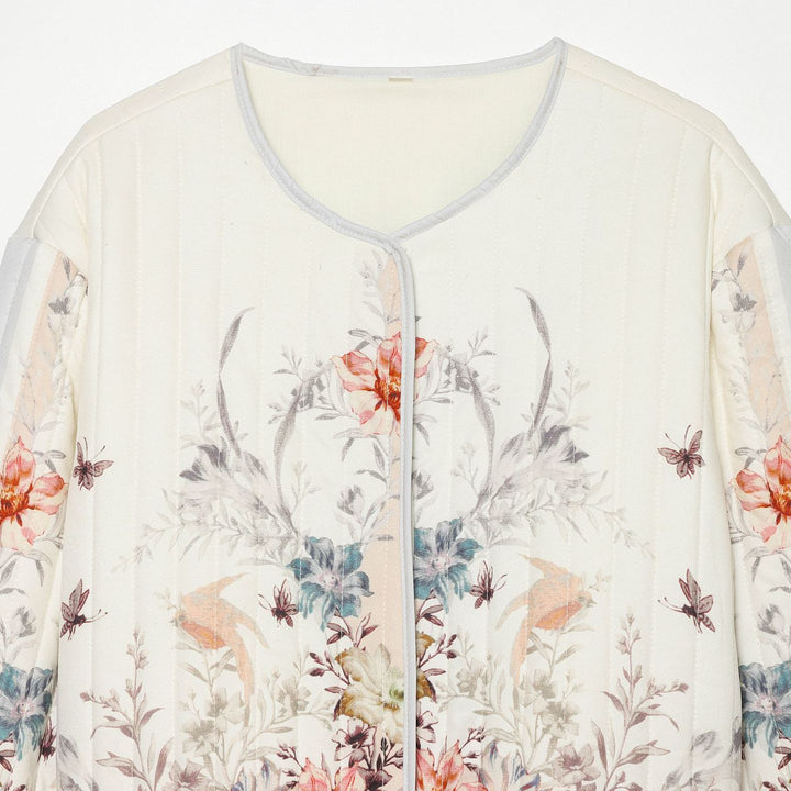 Women's Quilted Cropped Transitional Jacket with Floral Allover Print and Round Neckline Mune Fashion