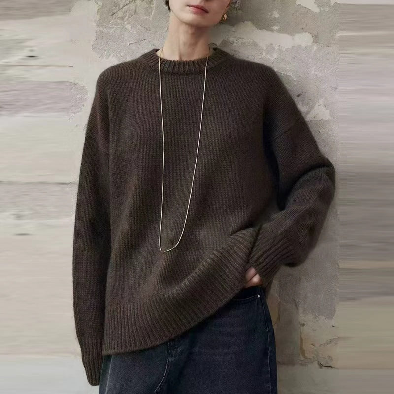 Women's Oversized Fine Knit Sweater with Round Neck, Dropped Shoulder and Ribbed Hem Mune Fashion