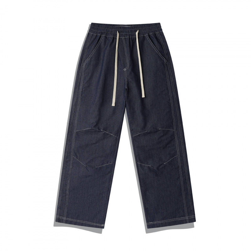 Unisex Wide Denim Pants with Elastic Waistband, Drawstring and Quilted Knee Patch Mune Fashion