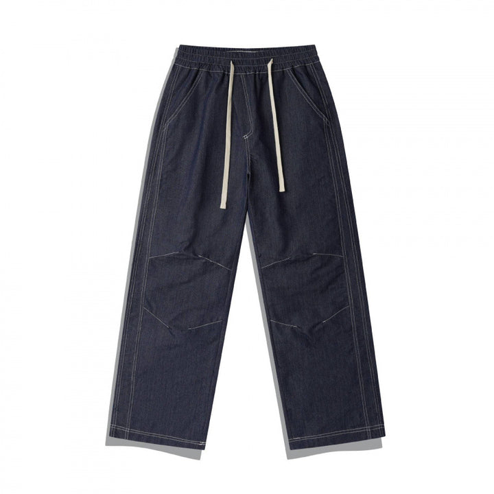 Unisex Wide Denim Pants with Elastic Waistband, Drawstring and Quilted Knee Patch Mune Fashion