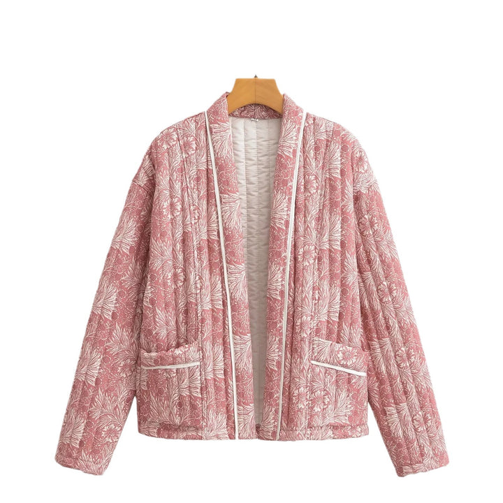 Women Light Quilted Jacket in Kimono Style with Floral Block Print and Contrast Piping Mune Fashion