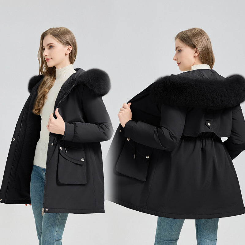 Women's Midi Length Thermo Parka with Teddy Lining, Removable Faux Fur Collar and Waist Adjustment Mune Fashion