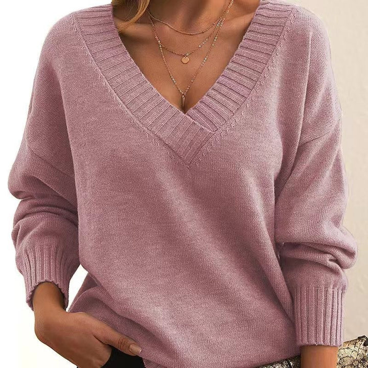 Women's Oversized V-Neck Knit Sweater with Ribbed Cuffs Mune Fashion