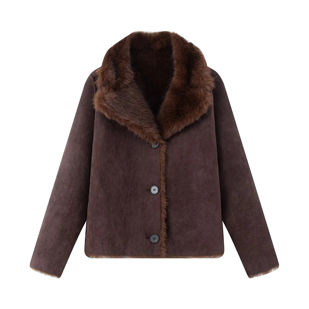 Women's nano short sheepskin-look jacket with voluminous shawl collar and concealed button placket Mune Fashion