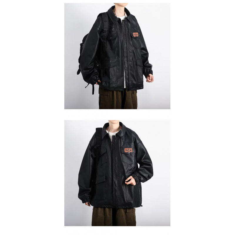 Unisex Oversized Utility Faux Leather Jacket with Multiple Flap Pockets Mune Fashion