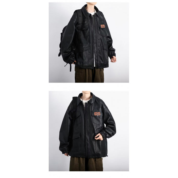 Unisex Oversized Utility Faux Leather Jacket with Multiple Flap Pockets Mune Fashion