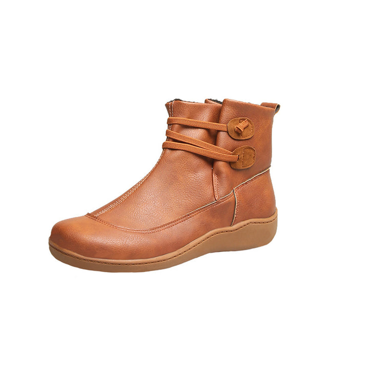 Women's padded ankle-high winter ankle boots with elastic decorative strap, decorative button details, and non-slip light sole Mune Fashion