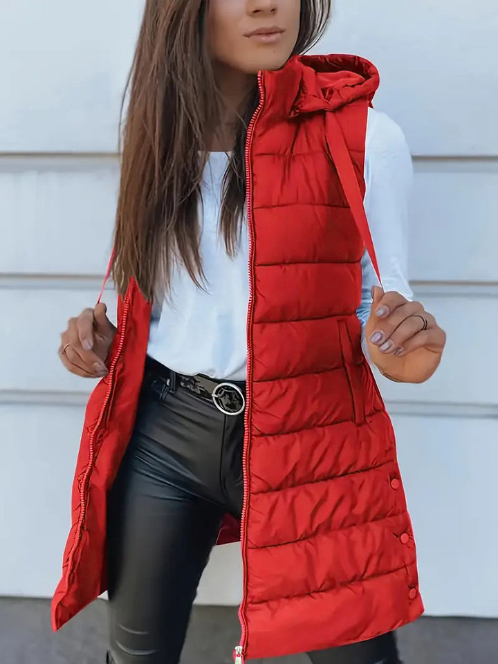 Ladies nan long quilted hooded vest with two-way zipper and side pockets Mune Fashion