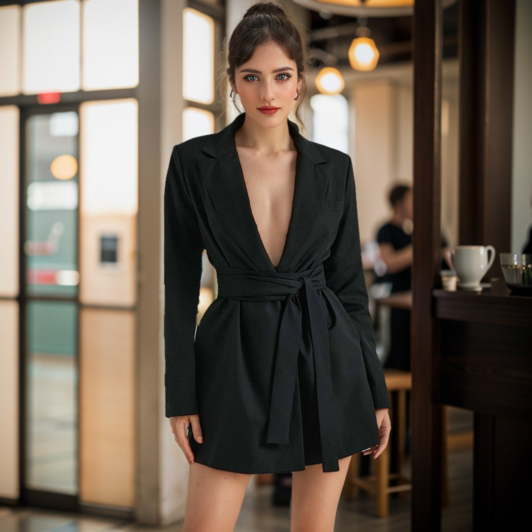 Women Tailored Blazer Coat with Tie Belt and Flap Pockets Mune Fashion