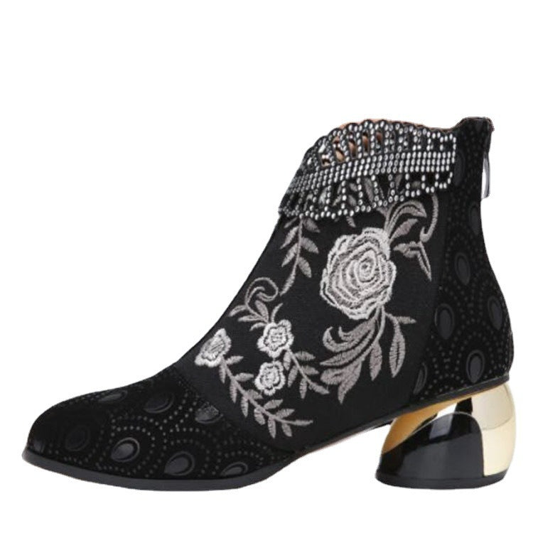 Women's embroidered ankle boots with velvet insert, pearl embellishments, and sculpted block heel Mune Fashion