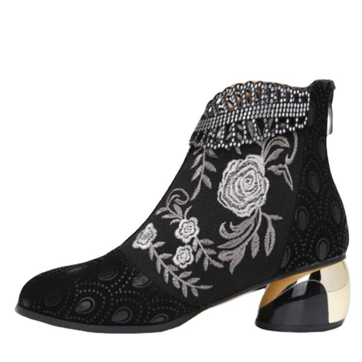 Women's embroidered ankle boots with velvet insert, pearl embellishments, and sculpted block heel Mune Fashion