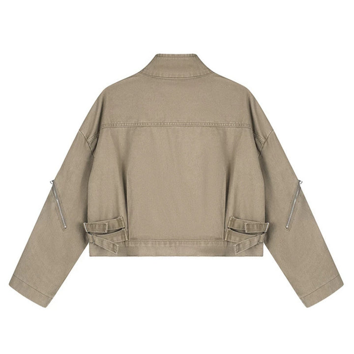 Women's Cropped Utility Jacket with Stand Collar, Multiple Pockets and Zip Sleeves Mune Fashion