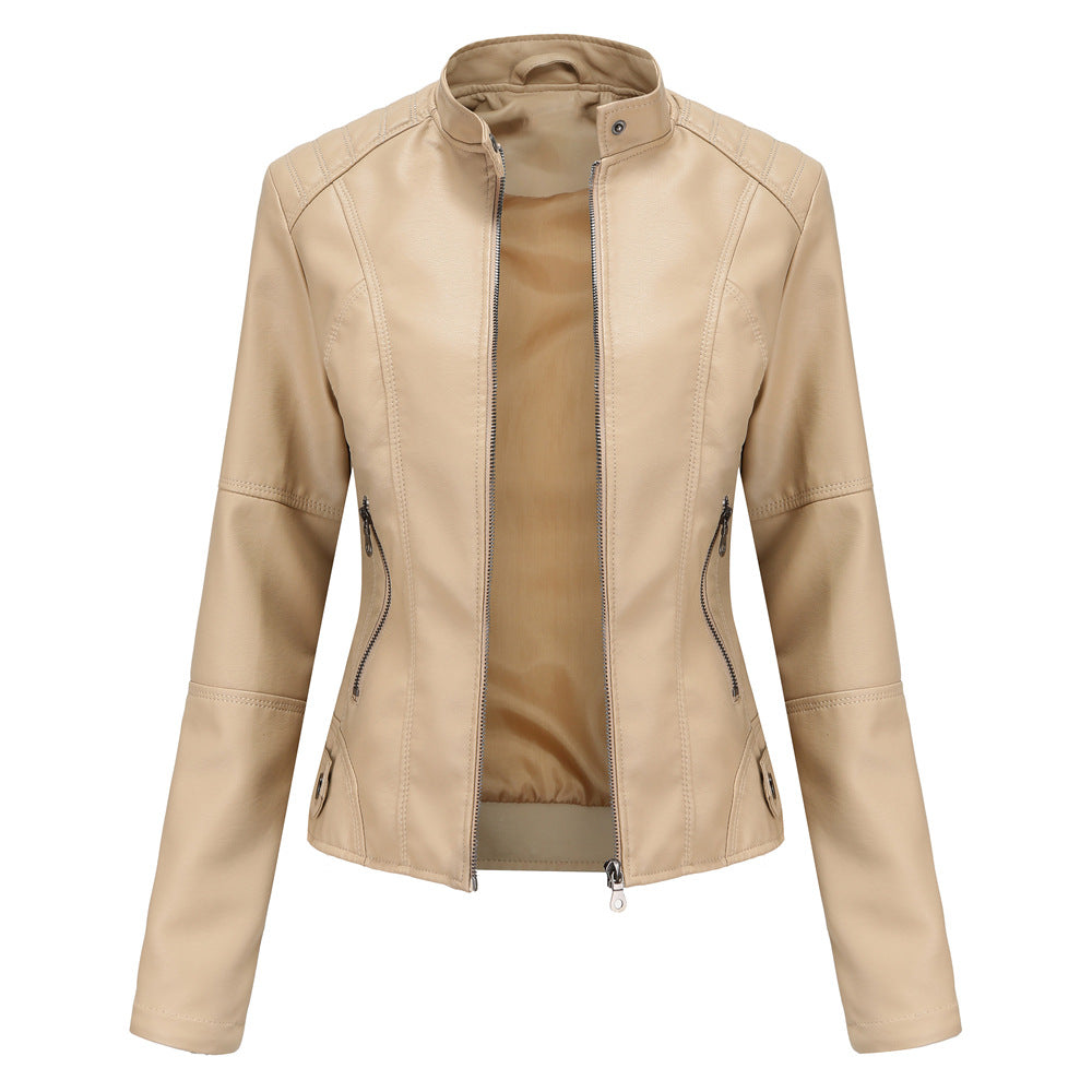 Women's fitted faux leather jacket with stand-up collar and full-length zipper Mune Fashion