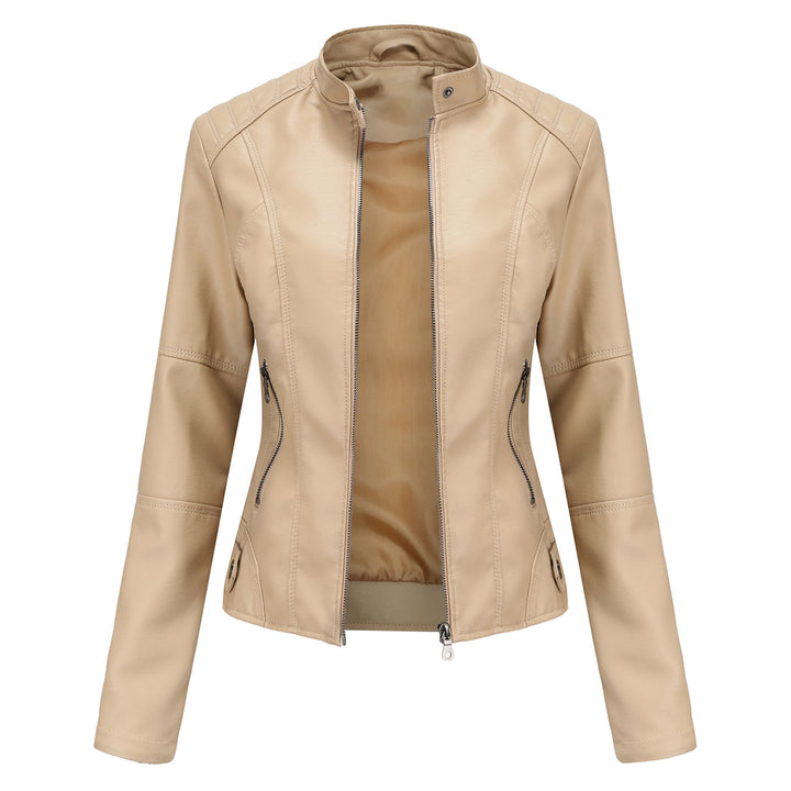 Women's fitted faux leather biker jacket with stand-up collar Mune Fashion