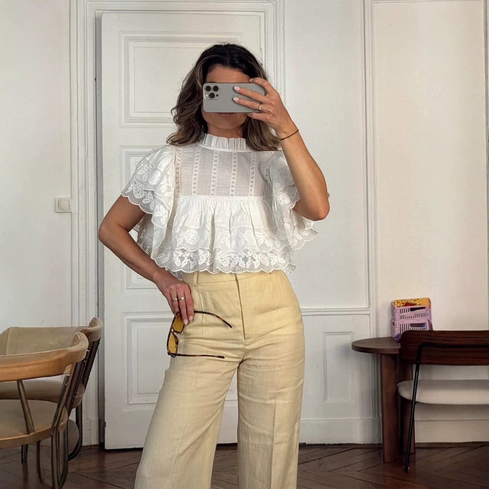 Women's lace blouse in cropped ruffle style with standing collar and layered ruffles