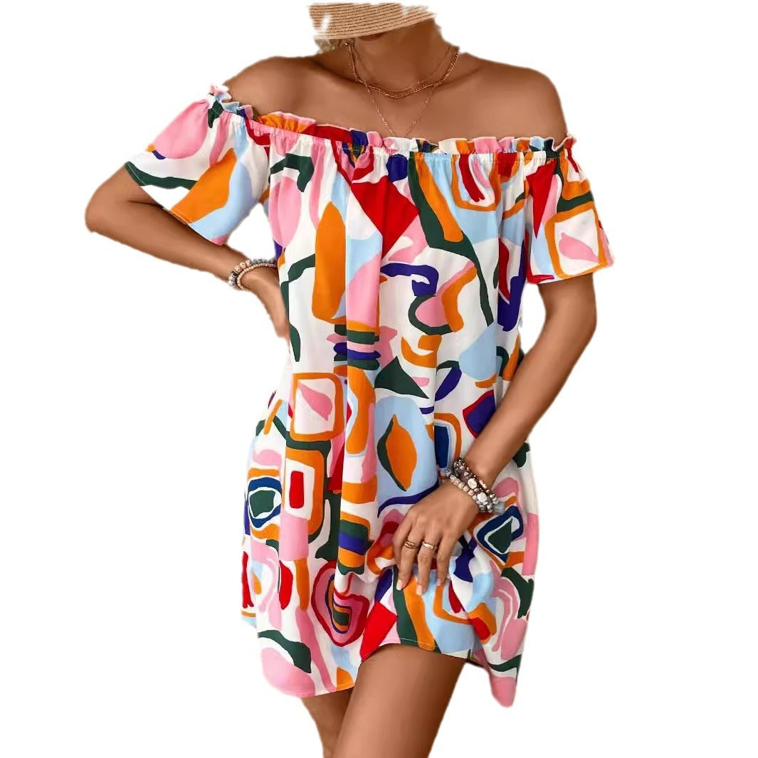 Women off-the-shoulder A-line mini dress with elastic smocked neckline and ruffled sleeves Mune Fashion