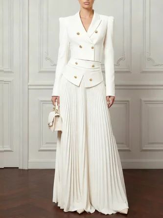 Women Two-Piece Fitted Suit with Double-Breasted Blazer and Pleated Maxi Skirt Mune Fashion