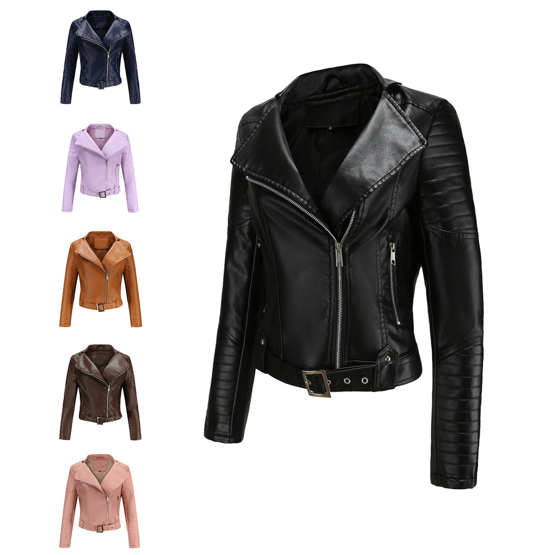 Women's cropped motorcycle jacket in biker look with asymmetric zipper and quilted sleeve part Mune Fashion