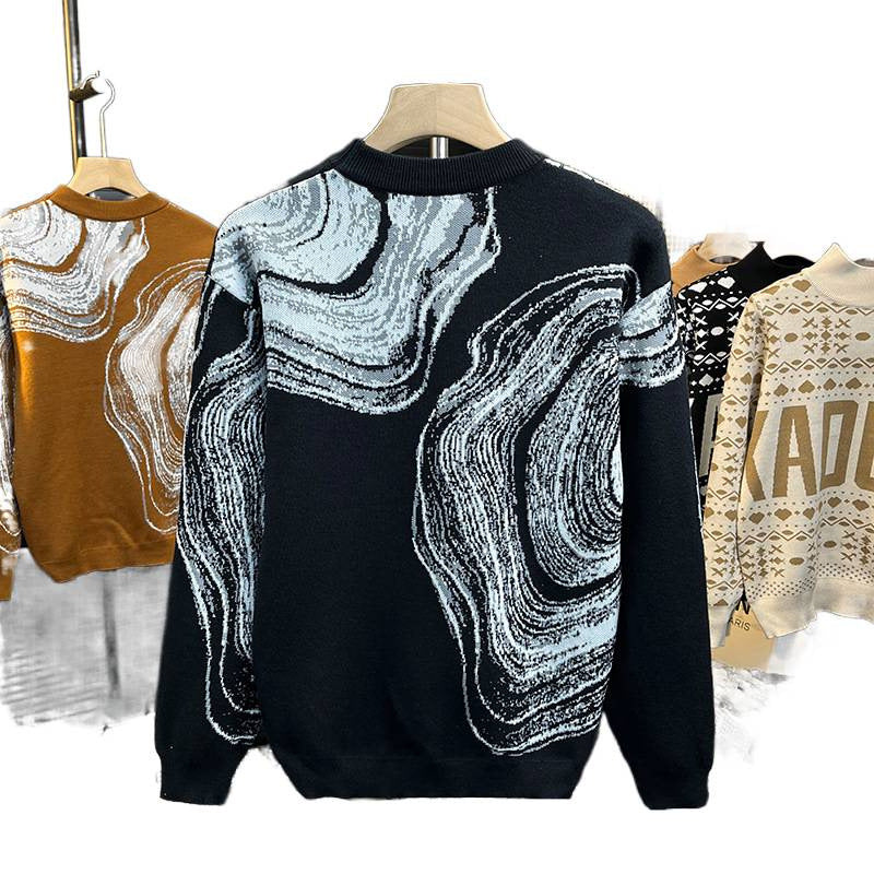 Men's chunky knit crew neck sweater with abstract marble jacquard Mune Fashion
