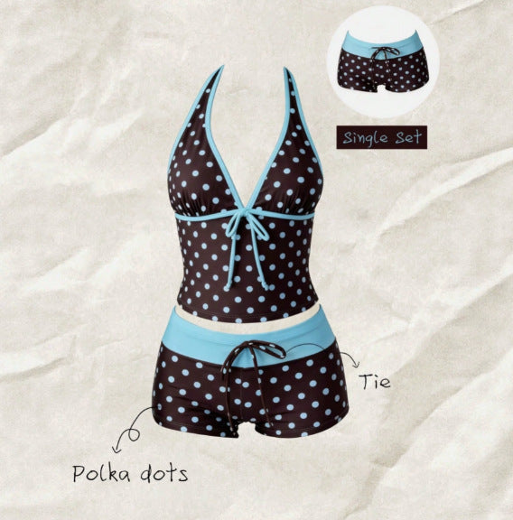 Women's tankini with fashionable polka dot pattern and adjustable halter Mune Fashion