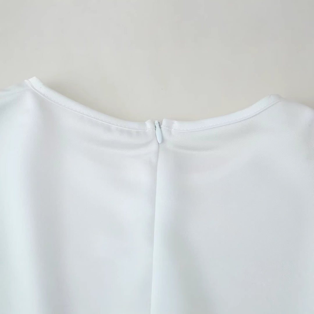 Women's satin blouse with lace trim, scalloped hem, and wide sleeves Mune Fashion