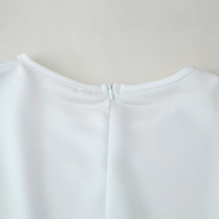 Women's satin blouse with lace trim, scalloped hem, and wide sleeves Mune Fashion