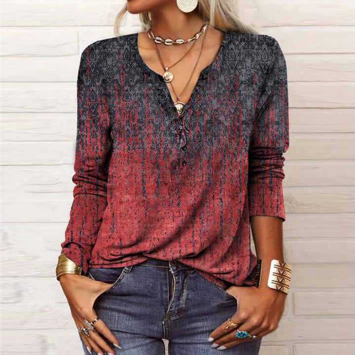 Women Loose Long Sleeve Henley Shirt with V-Neck, Button Placket and Ombre Print Mune Fashion