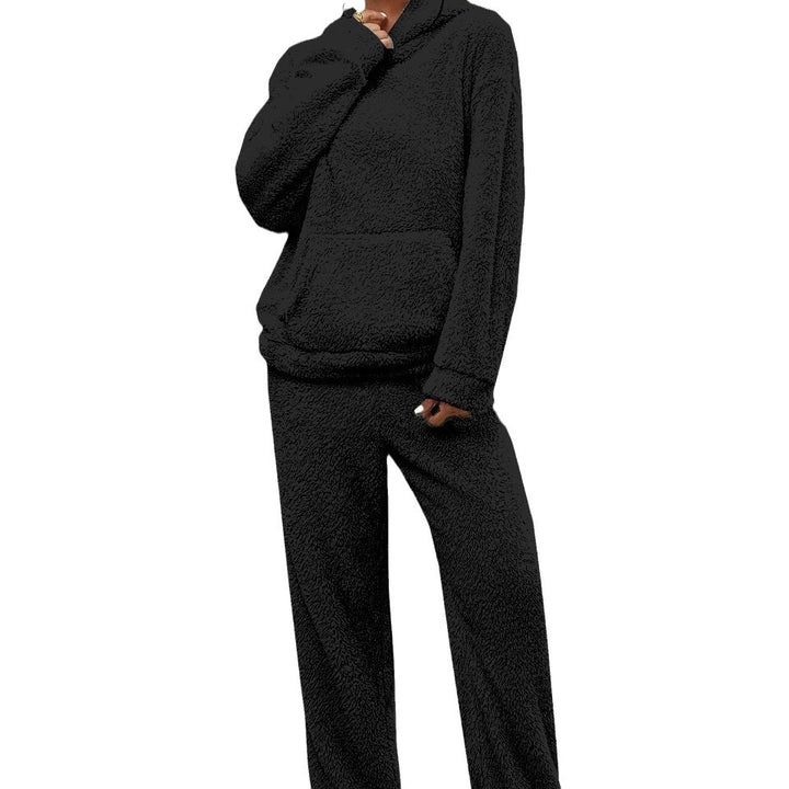 Women's cuddly teddy fleece loungewear set with hood, kangaroo pocket, and elastic jogging pants Mune Fashion