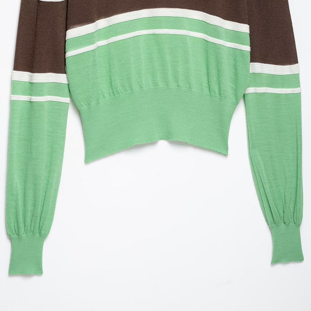 Women's Cropped Polo Shirt - Knitted Sweater with Rugby Stripes, Shirt Collar and Ribbed Hem Mune Fashion