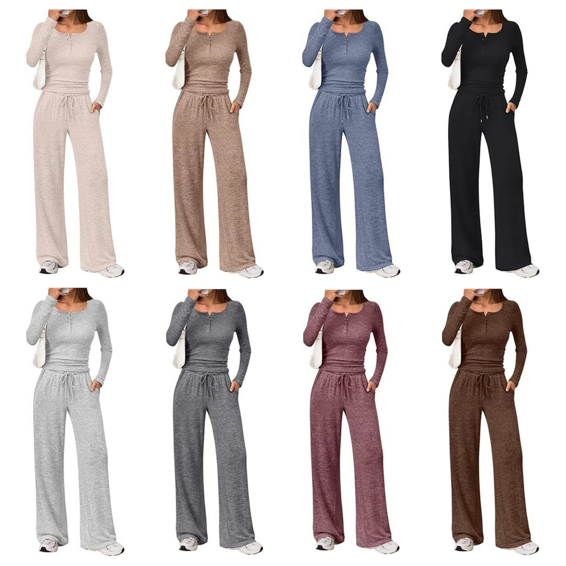 Women's Two-Piece Fine Knit Lounge Set with Henley Top and Palazzo Pants Mune Fashion