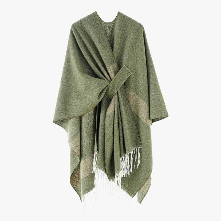 Women Woven Wool Blend Ruana with Diagonal Stripes and Fringes Mune Fashion