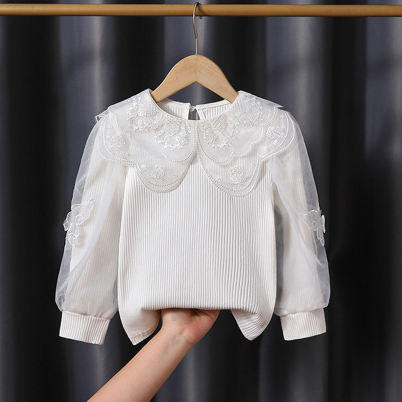 Girls fashionable blouse with elegant tulle sleeves and artistic lace decoration Mune Fashion