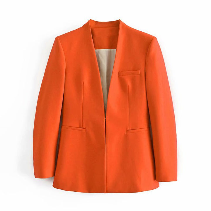 Women Tailored Blazer without Lapels with Open Front and Welt Pockets Mune Fashion
