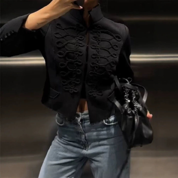 Women Short Military Inspired Jacket with Decorative Cords and Fringed Hem Mune Fashion
