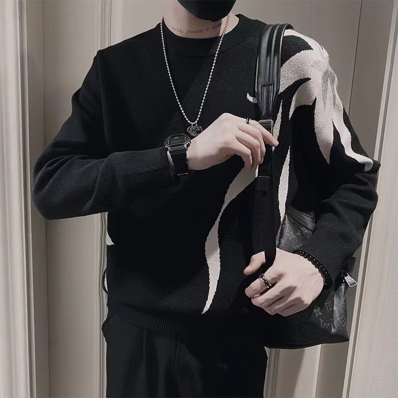 Men's knitted sweater with abstract flame jacquard and round neck Mune Fashion