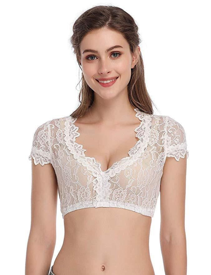 Women short transparent lace blouse with V-neck and delicate sleeve finishes Mune Fashion