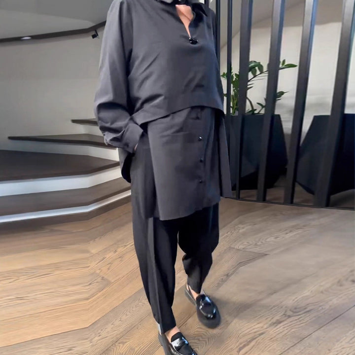 Women's Urban Layered Shirt Set with Overlapping Short Overlay and Tapered Pleated Trousers Mune Fashion