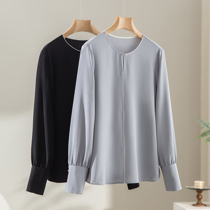 Women's Elegant Silk-like Blouse with Contrast Piping and Extended Cuffs Mune Fashion