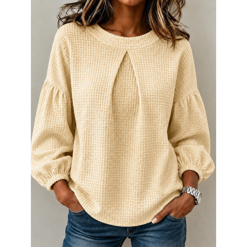 Women's Loose Waffle Knit Sweatshirt with Front Pleat and Balloon Sleeves Mune Fashion