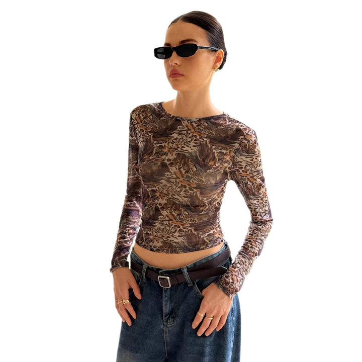 Women's slim stretch long sleeve made of fine mesh with abstract animal pattern and tailored cropped cut Mune Fashion