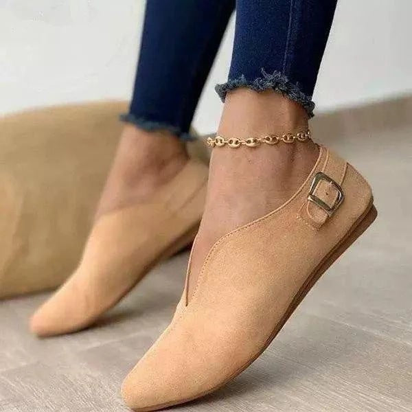 Women Flat Slip-on Ballerina with Pointed Toe Cap, V-Neck and Decorative Buckle Mune Fashion