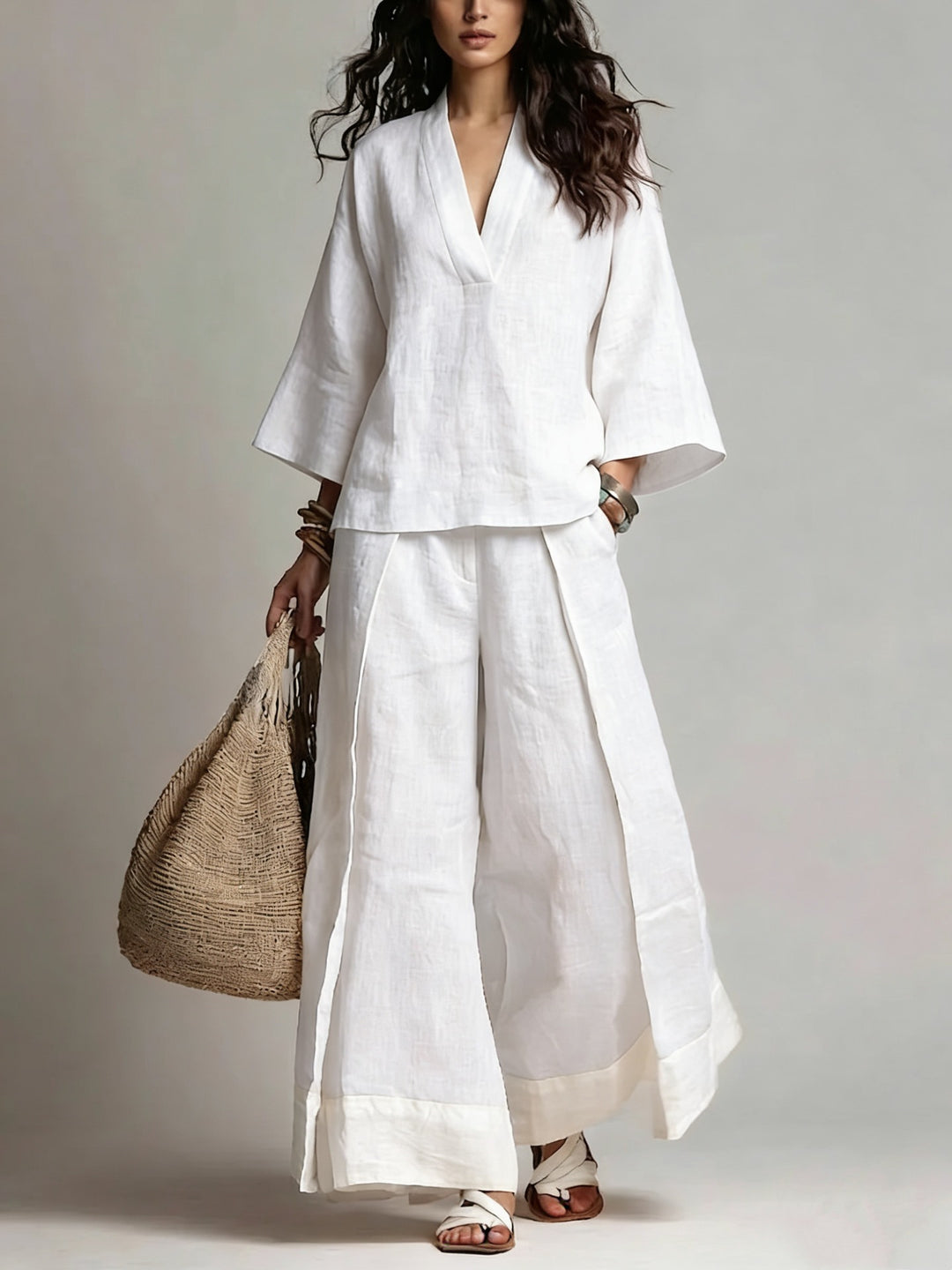 Women's linen two-piece set with wide palazzo pants V-neck and contrasting hem Mune Fashion