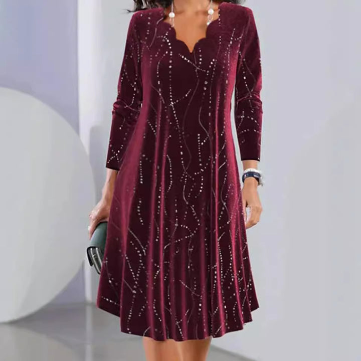 Women's satin A-line dress with curved neckline and rhinestone embellishment Mune Fashion