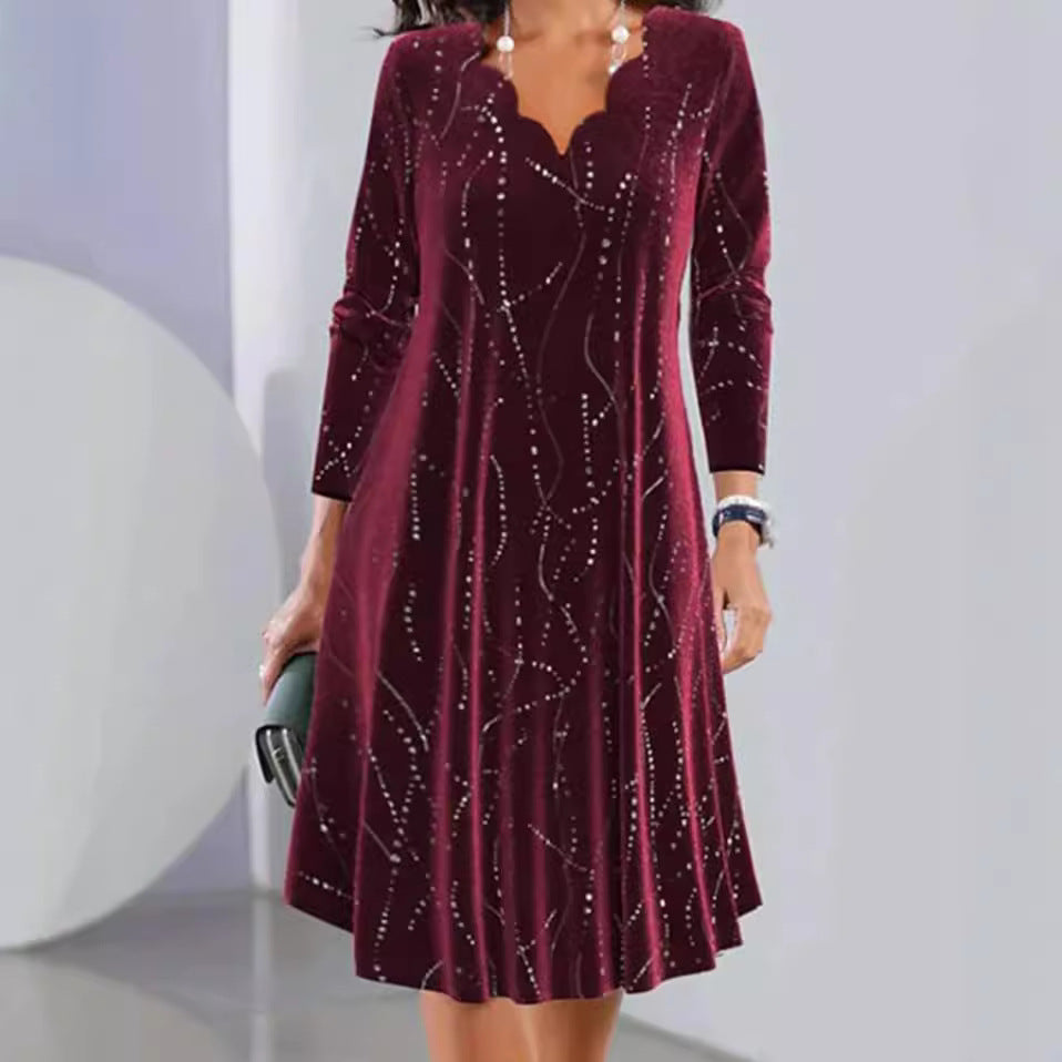 Women's nano velvet A-line dress with curved neckline, long sleeves, and rhinestone embellishment Mune Fashion