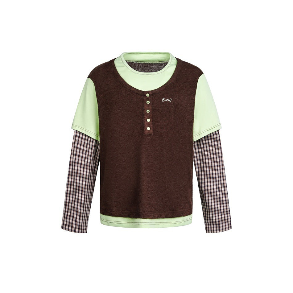 Unisex Layered Look Henley Shirt with contrasting plaid cuffs and short overshirt effect