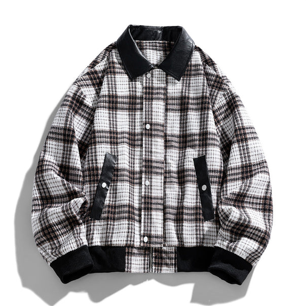 Men's Checkered Overshirt Jacket with Contrasting Faux Leather Collar and Ribbed Cuffs Mune Fashion